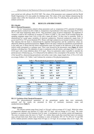 Hydrochemical And Statistical Characterization Of Basement Aquifer Ground water In The…
Engineering Journal www.iajer.com Page | 4
were carried out with software XL-STAT 2007. The values of the parameters were compared with the World
Health Organization [13] value guides for drinking water. The values of the ionic balance characterizing the
samples taken within the framework of this study are all lower than 5% reflecting the good quality of the
analysis carried out.
III. RESULTS AND DISCUSSION
III.1- Results
III.1.1- Physical Parameters
"In situ" measurements related to three parameters such as: temperature (T°C), potential of hydrogen
(pH) and electric conductivity (EC) (Table 1). Temperature of groundwater in the study area ranges from 27.4 to
30.1°C with mean temperature about 28.4°C. They presented a range of narrow temperature: the amplitude of
variation is small as the coefficient of variation CV shows it (Table 1). The values of pH recorded during the
sampling campaign ranges from 5.68 to 8.88 with a mean pH about 7.34 thus close to neutrality. Water is
characterized by a great space variability of electrical conductivity. Electrical conductivity ranges from 24
µs/cm (well P3) to 1747 µs/cm (borehole FP1). Waters with high conductivity are located in urban environment.
This indicates that the basin is characterized by important heterogeneities and the conductivity values are
affected by different geochemical processes. Figure 3 shows the space conductivity distribution of groundwater
in the study area. It shows that the lowest mineralization water are located in the Mid-west of the study area
(which would correspond to a recharge zone). That is put forward by the piezometric map (Figure 4) which
indicates a dividing line). The alkalinity of water is connected to the pH system, and ranges from 12.2 mg/L to
414.8 mg/L with a mean alkalinity about 181.8 mg/L. These two parameters make it possible to calculate the
partial pressure of balancing CO2
. It is influenced by the addition or the consumption of the protons. The values
of the log (pCO2
), characterizing groundwater and surface water study, ranges largely from -2.78 to -0.18 with
an average of about -1.41. Tables 1 and 2 indicate the variations of the physical parameters.
Table 1: Physicochemical parameters of groundwater
Min Max Mean Std dv CV en %
Cond 24 1747 355 242,8 68,4
pH 5,68 8,8 7,34 0,459 6,25
T°C 27,4 30,1 28,3 0,76 2,68
O2 diss 2 10,6 6,75 2,27 33,63
HCO3
-
12,2 414,8 181,76 89,08 49
log(pCO2) -2,78 -0,18 -1,41 0,47 -33,94
Table 2: Physicochemical parameters of surface water
Min Max Mean Std dev CV en %
Cond 46,00 111,00 77,67 32,53 41,88
pH 7,24 8,27 7,70 0,52 6,79
T°C 28,50 29,30 28,87 0,40 1,40
O2 diss 7,80 9,40 8,43 0,85 10,08
HCO3
-
30,50 73,20 52,87 21,42 40,52
III.1.2- Variation of the Chemical Parameters
The physicochemical parameters of the groundwater quality data were statistically
analyzed and the results are presented in form of minimum, maximum, mean and
standard deviation (Table 3).
- Major Cations
The calcium contents range from 4 mg/L to 156 mg/L with an average of 31.2 mg/L. While the values
of magnesium obtained vary between 0.72 mg/L and 79.2 mg/L with an average of 13.3 mg/L. The water
hardness is an indicator of the limestone level in water: it corresponds to its calcium content and magnesium.
The more it contains some, the more it is "hard". As a whole, these results thus reveal that water is in extreme
cases soft and fairly hard. Hard water of tendency is water of boreholes: FP1 (72 °F), FP6 (33 °F) and FP8
(32°F). Sodium presents contents ranges from 0.8 mg/L to 114 mg/L for an average value of 22.1 mg/L. The
 