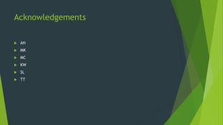 Acknowledgements
 AH
 MK
 MC
 KW
 SL
 TT
 