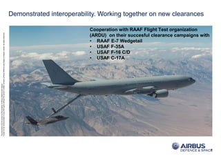 ThisdocumentanditscontentisthepropertyofAirbusDefenceandSpace.
Itshallnotbecommunicatedtoanythirdpartywithouttheowner’swrittenconsent|[AirbusDefenceandSpaceCompanyname].Allrightsreserved.
Demonstrated interoperability. Working together on new clearances
Cooperation with RAAF Flight Test organization
(ARDU) on their succesful clearance campaigns with
• RAAF E-7 Wedgetail
• USAF F-35A
• USAF F-16 C/D
• USAF C-17A
6
 