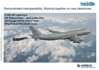 ThisdocumentanditscontentisthepropertyofAirbusDefenceandSpace.
Itshallnotbecommunicatedtoanythirdpartywithouttheowner’swrittenconsent|[AirbusDefenceandSpaceCompanyname].Allrightsreserved.
Demonstrated interoperability. Working together on new clearances
F-35B JSF Lightning II
US, Patuxent River - April to May 2016
UK Voyager (FSTA) 3 Point Tanker
Wing Pods & FRU (Centre Hose)
 