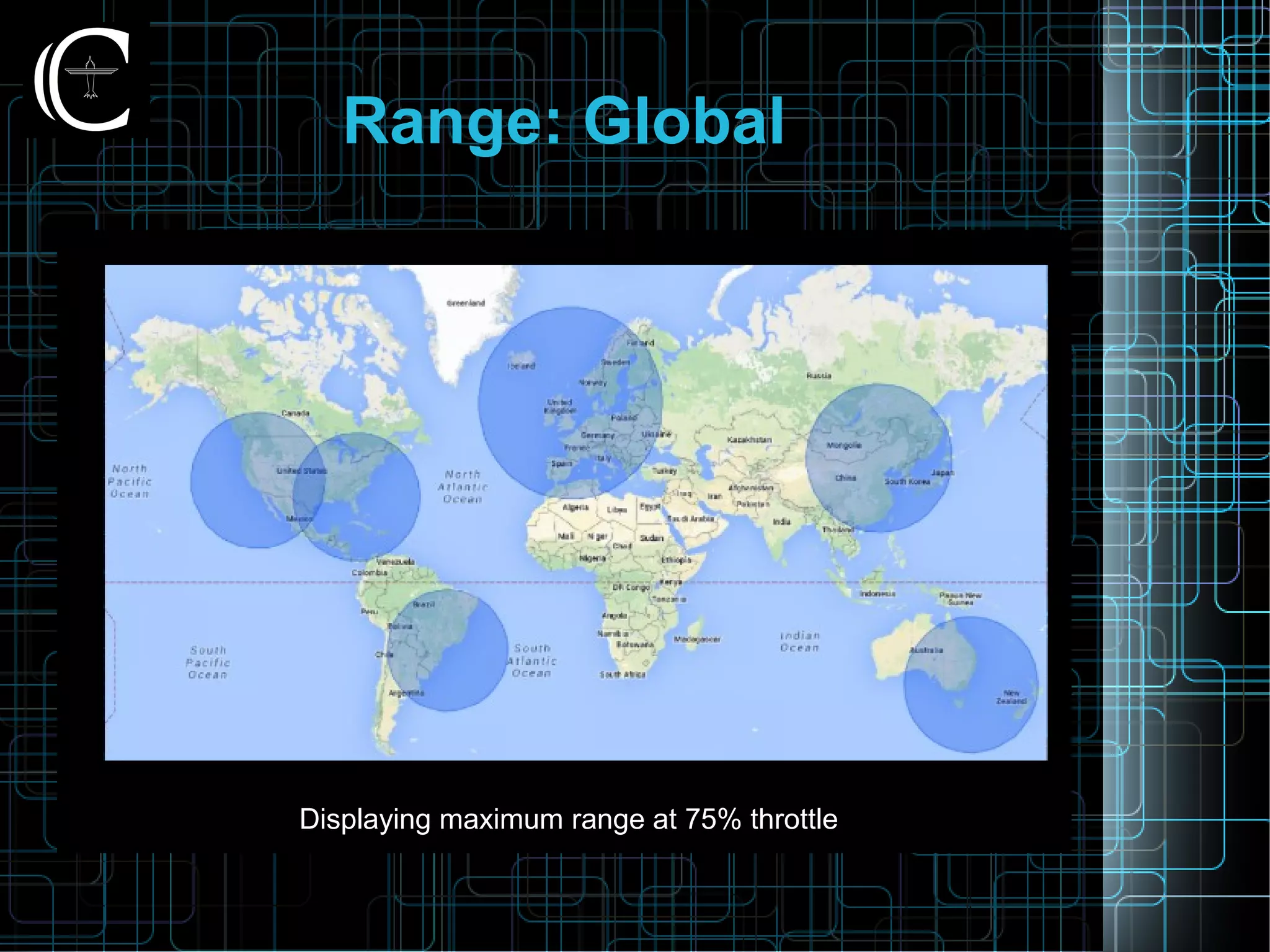Range: Global
Displaying maximum range at 75% throttle
 