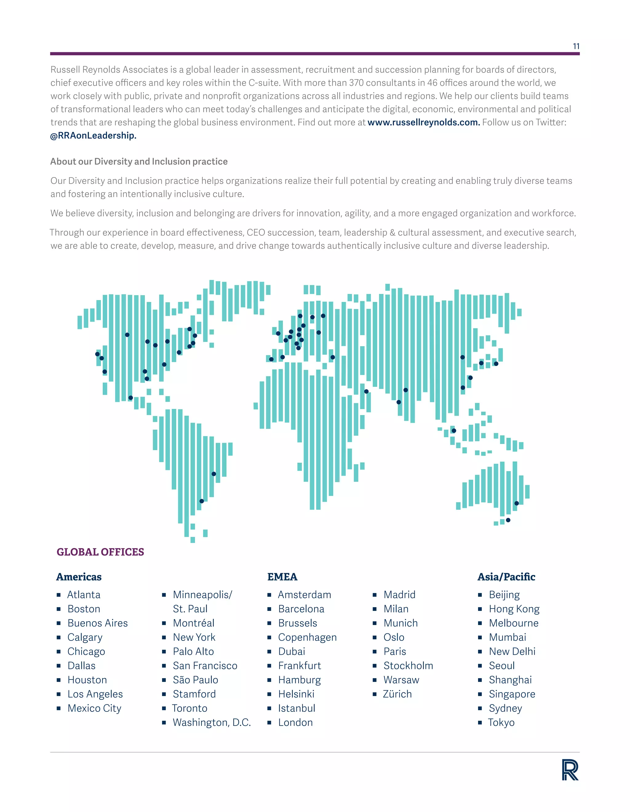 11
Russell Reynolds Associates is a global leader in assessment, recruitment and succession planning for boards of directors,
chief executive officers and key roles within the C-suite. With more than 370 consultants in 46 offices around the world, we
work closely with public, private and nonprofit organizations across all industries and regions. We help our clients build teams
of transformational leaders who can meet today’s challenges and anticipate the digital, economic, environmental and political
trends that are reshaping the global business environment. Find out more at www.russellreynolds.com. Follow us on Twitter:
@RRAonLeadership.
About our Diversity and Inclusion practice
Our Diversity and Inclusion practice helps organizations realize their full potential by creating and enabling truly diverse teams
and fostering an intentionally inclusive culture.
We believe diversity, inclusion and belonging are drivers for innovation, agility, and a more engaged organization and workforce.
Through our experience in board effectiveness, CEO succession, team, leadership & cultural assessment, and executive search,
we are able to create, develop, measure, and drive change towards authentically inclusive culture and diverse leadership.
GLOBAL OFFICES
Americas
ɳɳ Atlanta
ɳɳ Boston
ɳɳ Buenos Aires
ɳɳ Calgary
ɳɳ Chicago
ɳɳ Dallas
ɳɳ Houston
ɳɳ Los Angeles
ɳɳ Mexico City
ɳɳ Minneapolis/
St. Paul
ɳɳ Montréal
ɳɳ New York
ɳɳ Palo Alto
ɳɳ San Francisco
ɳɳ São Paulo
ɳɳ Stamford
ɳɳ Toronto
ɳɳ Washington, D.C.
EMEA
ɳɳ Amsterdam
ɳɳ Barcelona
ɳɳ Brussels
ɳɳ Copenhagen
ɳɳ Dubai
ɳɳ Frankfurt
ɳɳ Hamburg
ɳɳ Helsinki
ɳɳ Istanbul
ɳɳ London
ɳɳ Madrid
ɳɳ Milan
ɳɳ Munich
ɳɳ Oslo
ɳɳ Paris
ɳɳ Stockholm
ɳɳ Warsaw
ɳɳ Zürich
Asia/Pacific
ɳɳ Beijing
ɳɳ Hong Kong
ɳɳ Melbourne
ɳɳ Mumbai
ɳɳ New Delhi
ɳɳ Seoul
ɳɳ Shanghai
ɳɳ Singapore
ɳɳ Sydney
ɳɳ Tokyo
 