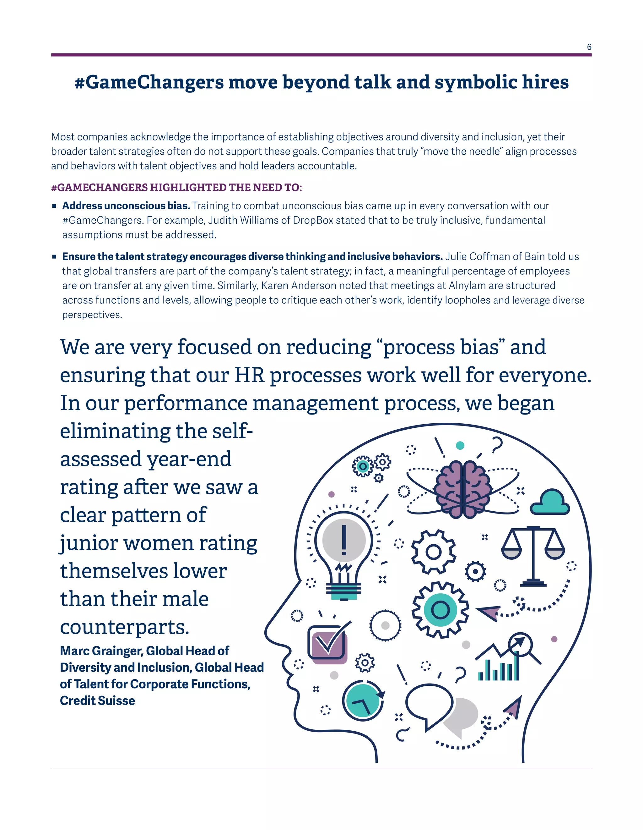 6
Most companies acknowledge the importance of establishing objectives around diversity and inclusion, yet their
broader talent strategies often do not support these goals. Companies that truly “move the needle” align processes
and behaviors with talent objectives and hold leaders accountable.
#GAMECHANGERS HIGHLIGHTED THE NEED TO:
ɳɳ Address unconscious bias. Training to combat unconscious bias came up in every conversation with our
#GameChangers. For example, Judith Williams of DropBox stated that to be truly inclusive, fundamental
assumptions must be addressed.
ɳɳ Ensure the talent strategy encourages diverse thinking and inclusive behaviors. Julie Coffman of Bain told us
that global transfers are part of the company’s talent strategy; in fact, a meaningful percentage of employees
are on transfer at any given time. Similarly, Karen Anderson noted that meetings at Alnylam are structured
across functions and levels, allowing people to critique each other’s work, identify loopholes and leverage diverse
perspectives.
#GameChangers move beyond talk and symbolic hires
We are very focused on reducing “process bias” and
ensuring that our HR processes work well for everyone.
In our performance management process, we began
eliminating the self-
assessed year-end
rating after we saw a
clear pattern of
junior women rating
themselves lower
than their male
counterparts.
Marc Grainger, Global Head of
Diversity and Inclusion, Global Head
of Talent for Corporate Functions,
Credit Suisse
 