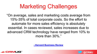 @CRMU
Marketing Challenges
“On average, sales and marketing costs average from
15%-35% of total corporate costs. So the effort to
automate for more sales efficiency is absolutely
essential. In cases reviewed, sales increases due to
advanced CRM technology have ranged from 10% to
more than 30%.”
- Harvard Business Review
 