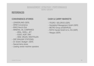 MANAGEMENT STRATEGY PERFORMANCE
GERD GIESEN
REFERENCES
CONVENIENCE-STORES
− LEKKERLAND (GER)
− SPAR Convenience
− BÄKO Nord & Süd
− MINERAL OIL COMPANIES
− ARAL, SHELL, JET
− ESSO, AGIP, OMV
− HEM, ORLEN, WESTFALEN
− SSP (RAILWAY STATIONS)
− Dr. Eckert, Stuttgart (GER)
− Special items stores
− Leading vendor machine operators
25Copyright © Gerd Giesen
CASH & CARRY MARKETS
− FEGRO / SELGROS (GER)
− Handelshof Management GmbH (GER)
− METRO Group (A/GER/RUS)
− RATIO Handel GmbH & Co. KG (GER)
− Wasgau (GER)
 