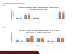 p.10
Figure 1
Figure 2
68
383
97
22 26
596
50
401
83
24 24
582
0
100
200
300
400
500
600
700
PNR Alpilles RB Luberon-Lure PNR Mont-Ventoux GS Sainte-Victoire PNR Verdon Total Observatoire
Nombredemâleschanteurs
Territoires
Evolution du nombre de mâles chanteurs recensés sur les territoires
de l'Observatoire Inter-Parc
2012 2016
41
108 103
19
112
18
146
105
34
98
0
50
100
150
200
Montagne de Lure Pays d'Aigues Pays d'Apt Pays de Forcalquier Val de Durance
Nombredemâleschanteurs
Territoires
Evolution du nombre de mâles chanteurs recensés sur les secteurs
de la Réserve de biosphère Luberon-Lure
2012 2016
 