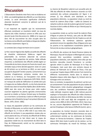 p.14
Discussion
L’Observatoire Chevêche inter-Parcs met en évidence en
2016 une stabilité globale des effectifs sur ces 4 dernières
années. La seule diminution significative d’effectifs
observée localement concerne le piémont sud de la
Montagne de Lure.
Il est important de rappeler que les recensements
effectués constituent un inventaire relatif. Les taux de
réponse des mâles chanteurs varient en effet avec leur
densité locale [VAN NIEUWENHUYSE. 2008] et le risque est
donc réel de sous-estimer les sites occupés dans les
territoires où les effectifs sont faibles et dispersés (Alpilles
et Verdon notamment. Figure 1).
Le contexte dans chaque territoire est le suivant :
Le Parc naturel régional des Alpilles accueille des effectifs
de chevêche relativement faibles au regard des
potentialités du territoire (diversité de cultures
favorables, forte proportion de prairies, faible altitude
moyenne). La distribution des effectifs semble égale sur
l’ensemble du territoire, de part et d’autre du massif, sans
véritable noyau à forte densité apparent. Suite à la pose
de 50 nichoirs sur ce territoire en 2012, un seul couple
occupait le dispositif l’année suivante, contrairement aux
résultats d’expériences similaires menées dans le
Luberon ou le Ventoux, où l’occupation s’est avérée
nettement plus rapide et importante [LPO PACA. 2013].
Un manque de cavité de nidification ne semble donc pas
à l’origine de ces faibles effectifs. La très forte densité de
Grands-ducs dans le massif des Alpilles [BAYLE & BERTRAND.
2009] avec des zones de chasse pour cette espèce
couvrant largement les plaines agricoles environnantes
pourrait se révéler un facteur limitant pour la Chevêche
sur ce territoire. Le Grand-duc s’avère en effet le principal
prédateur de la Chevêche lorsqu’il est présent [BLONDEL &
BADAN. 1976 ; Orsini. 1985].
Le noyau de population présent sur les communes de
Paradou et Maussane, au sud du massif, semblent le plus
isolé (figure 5) ; il n’est en effet relié ni aux restes des
effectifs du territoire ni aux populations situées plus au
sud en plaine de Crau. A l’inverse, les effectifs de St-Rémy
de Provence sont en lien direct avec le noyau de
population révélé lors du recensement de 2013 dans le
Pays de Châteaurenard, centré sur les communes de
Maillane et Tarascon.
La réserve de Biosphère Luberon-Lure accueille près de
70% des effectifs de mâles chanteurs recensés sur 41%
seulement des surfaces prospectées (cf. figure 1 et
annexe 2). Ces effectifs sont distribués en trois
populations distinctes. La population située au nord du
massif du Luberon (Pays d’Apt – vallée du Calavon) se
rattache à celle du reste de la plaine agricole de l’ouest du
Vaucluse et de la vallée du Rhône et qui s’étend jusqu’au
nord des Alpilles.
La population située au sud du massif du Luberon (Pays
d’Aigues et plaine de Pertuis), avec près de 200 mâles
chanteurs, constitue le bastion fort de l’espèce au sein de
l’Observatoire. De nombreux cabanons agricoles
parsèment encore les vignobles (Pays d’Aigues) ainsi que
les prairies et les exploitations maraîchères (plaine de
Pertuis) de ces deux secteurs géographiques.
Les effectifs des secteurs de Haute-Provence (plaine de
Manosque, Pays de Forcalquier et Montagne de Lure) qui
peuvent être eux-mêmes considérés comme 3
populations distinctes, sont séparées entre elles par des
barrières naturelles (massifs forestiers). Le corridor
agricole reliant la plaine de Manosque et le Pays de
Forcalquier, mais aussi dans une certaine mesure le
plateau de Valensole via la vallée de l’Asse, n’est pas
occupé par l’espèce depuis 2005 comme l’ont montré les
différents recensements menés dans la réserve de
Biosphère depuis cette date (figure 5), limitant ainsi les
échanges entre ces secteurs.
Dans ce contexte, la population du piémont sud de Lure
est certainement l’une des populations les plus isolées de
l’Observatoire. Cette situation géographique conjuguée
avec des conditions hivernales potentiellement plus
rudes (altitude moyenne égale à 681 mètres) pourrait
expliquer la fluctuation des effectifs de mâles chanteurs
observée entre 2012 et 2016 (baisse de 56%). Une baisse
d’effectifs de 43% avait déjà été enregistrée sur ce
secteur entre 2005 et 2011 [LPO PACA. 2011]. Dans tous
les cas, aucune dégradation apparente de l’habitat ne
permet d’expliquer cette baisse d’effectifs [comm. pers.].
La population du Comtat Venaissin recensée dans le
périmètre du Projet de PNR du Mont-Ventoux est assez
uniformément centrée sur les communes de Caromb,
Mazan et Pernes-les-Fontaines. L’absence de l’espèce
depuis 2012 dans toute la partie est du secteur, sur les
communes limitrophes du massif du Ventoux, reste
 
