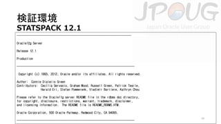 検証環境

STATSPACK 12.1
----------------------------------------------------------------------Oracle12g Server
Release 12.1
Production
------------------------------------------------------------------------Copyright (c) 1993, 2012, Oracle and/or its affiliates. All rights reserved.
Author: Connie Dialeris Green
Contributors: Cecilia Gervasio, Graham Wood, Russell Green, Patrick Tearle,
Harald Eri, Stefan Pommerenk, Vladimir Barriere, Kathryn Chou
Please refer to the Oracle11g server README file in the rdbms doc directory,
for copyright, disclosure, restrictions, warrant, trademark, disclaimer,
and licensing information. The README file is README_RDBMS.HTM.
Oracle Corporation, 500 Oracle Parkway, Redwood City, CA 94065.
-------------------------------------------------------------------------

10

 