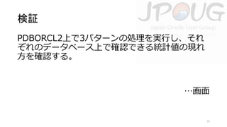 検証
PDBORCL2上で3パターンの処理を実行し、それ
ぞれのデータベース上で確認できる統計値の現れ
方を確認する。

…画面

12

 
