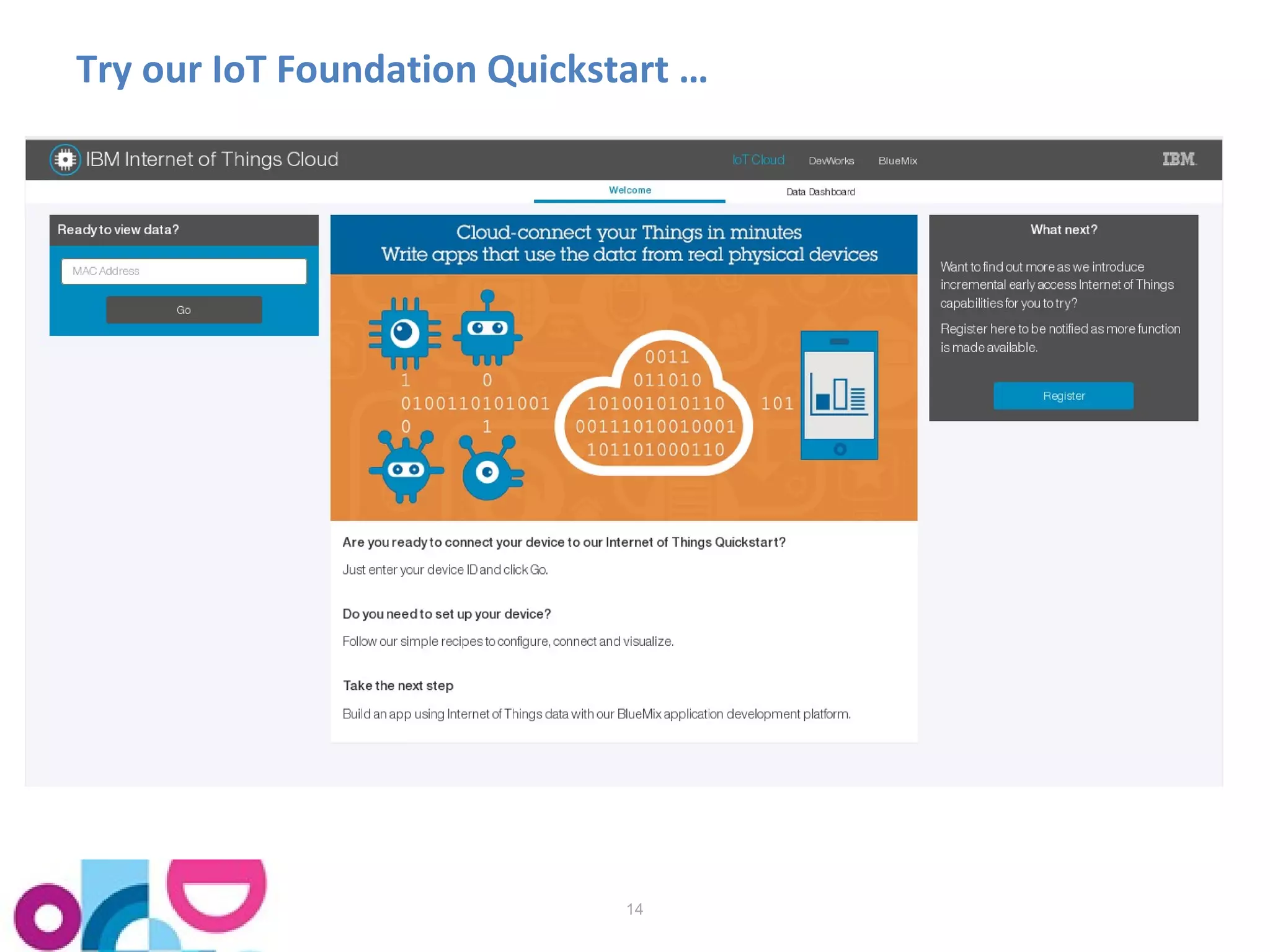 Try our IoT Foundation Quickstart … 
14 
 