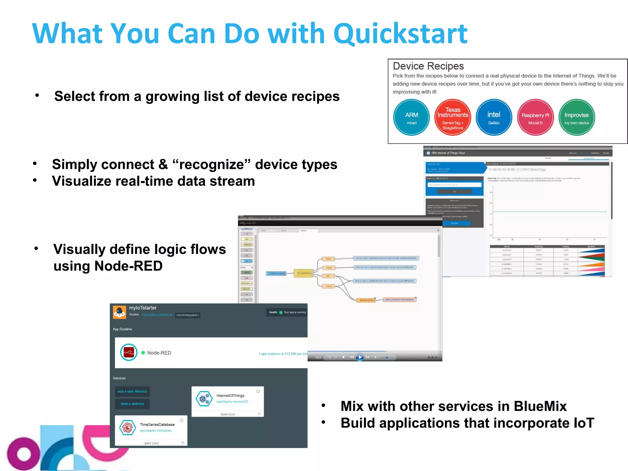 What You Can Do with Quickstart 
• Select from a growing list of device recipes 
• Simply connect & “recognize” device types 
• Visualize real-time data stream 
• Visually define logic flows 
using Node-RED 
• Mix with other services in BlueMix 
• Build applications that incorporate IoT 
 