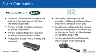 Sister Companies
6
 Distributor of military aviation engine and
airframe systems components for fixed
and rotary wing aircraft
 Provider of repair management services
for aircraft components
 Provides specialty hardware/equipment
for new production and aftermarket
 Product lines include Pratt & Whitney and
Honeywell
 Dedicated to providing parts and
assemblies to US Army and Marine Corps
procurement offices of the US DOD
 Manufactures highly critical and complex
hydraulic and mechanical assemblies e.g.
equilibrator for Paladin M109 and power
take off of the Bradley M2
 Excellent capability in modification kits
and specialized military packaging
NorcaTec LLC Confidential
 