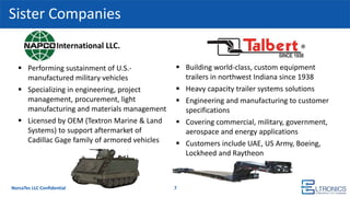 Sister Companies
7
 Building world-class, custom equipment
trailers in northwest Indiana since 1938
 Heavy capacity trailer systems solutions
 Engineering and manufacturing to customer
specifications
 Covering commercial, military, government,
aerospace and energy applications
 Customers include UAE, US Army, Boeing,
Lockheed and Raytheon
International LLC.
 Performing sustainment of U.S.-
manufactured military vehicles
 Specializing in engineering, project
management, procurement, light
manufacturing and materials management
 Licensed by OEM (Textron Marine & Land
Systems) to support aftermarket of
Cadillac Gage family of armored vehicles
NorcaTec LLC Confidential
 