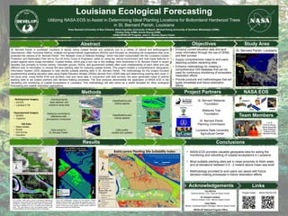 Abstract Objectives
S
Study Area
Conclusions
Team Members
Acknowledgements
Methods
Results
Project Partners NASA EOS
Links
Project Video About DEVELOP
Louisiana Ecological Forecasting
Land cover classification created from low altitude AVIRIS
imagery showing location of forested and relatively open land.
The area shown is the intersection of MRGO and Bayou la
Loutre. Future work could include creating higher specificity
land cover products from AVIRIS data.
Utilizing NASA EOS to Assist in Determining Ideal Planting Locations for Bottomland Hardwood Trees
in St. Bernard Parish, Louisiana
Ross Reahard (University of New Orleans), Maria Arguelles (University of Miami), Michael Ewing (University of Southern Mississippi (USM)),
Chelsey Kelly (USM), Emma Strong (USM)
NASA DEVELOP Program, John C. Stennis Space Center
St. Bernard Parish in southeast Louisiana is rapidly losing coastal forests and wetlands due to a variety of natural and anthropogenic
disturbances. After Hurricane Katrina, multiple non-governmental organizations (NGOs) have focused on rebuilding the ecosystems that once
protected the citizens of St. Bernard Parish. The “Multiple Lines of Defense Strategy,” which has been incorporated into the Louisiana Coastal
Protection and Restoration Plan led by the US Army Corps of Engineers, relies on using the natural environment and man-made features to
protect against storm surge inundation. Coastal forests, which play a key role in this strategy, have diminished in St. Bernard Parish in recent
decades due primarily to human activity. Volunteer groups, NGOs, and government entities often work independently of each other and use
different sets of information to choose the best planting sites for restoring coastal forests. This project created a comprehensive Geographic
Information System (GIS) database to help identify suitable planting sites in St. Bernard Parish. The methodology for this project included
supplementing existing elevation data using Digital Elevation Models (DEMs) derived from LIDAR data and determining existing land cover in
the study area. Using NASA EOS and ancillary road and canal data in conjunction with field surveys, the team generated maps of optimal
planting sites to aid project partners with decision-making processes. The final products demonstrate the application of NASA EOS in the
rebuilding and monitoring of coastal ecosystems in Louisiana. This methodology will also serve as a useful template for other ecological
forecasting and coastal restoration applications.
• Enhance current elevation data and land
cover information through the use of DEMs
and field surveys
• Supply comprehensive maps to end-users
depicting suitable replanting sites
• Enhance methodology for creating a
comprehensive GIS database that can be
used for continuous monitoring of ecosystem
restoration efforts
• Provide products and methodologies that will
guide immediate and future restoration
efforts
• NASA EOS provides valuable geospatial data for aiding the
monitoring and rebuilding of coastal ecosystems in Louisiana
• Most suitable planting sites are in close proximity to fresh water,
and at elevations between 0.5 - 2 meters above mean sea level
• Methodology provided to end-users can assist with future
decision-making processes in future restoration efforts
Landsat 5
EO-1
Terra AVIRIS
L to R:
Emma Strong,
Maria Arguelles,
Ross Reahard,
Chelsey Kelly,
Michael Ewing
Joe Spruce
Science Advisor, CSC, Stennis Space Center
Dr. Russell Lambert
Science Advisor, CSC, Stennis Space Center
Cheri Miller
Mentor, Southeast Region Manager, Stennis Space Center
DEVELOP National Program Office
St. Bernard Wetlands
Foundation
Wetlands Tree
Foundation
St. Bernard Parish
Planning Commission
Louisiana State University
Agricultural Center
• ASTER
• Landsat 5 TM
Hyperspectral Imagery
GIS Data
• Water bodies
• Roads
• Soil Survey
• Elevation
Multispectral Imagery
• AVIRIS
• Hyperion
Example of Vegetation Health Product
produced from AVIRIS data
Data subset to
St. Bernard Parish
Individual bands
layer stacked and
subset to study area
Classifications and
indices applied
Example land / water classification
produced from ASTER data
Radiance converted to
reflectance with
atmospheric corrections
Classifications and
indices applied
Data quality
verified and updated
St. Bernard Parish, Louisiana
The 3-meter DEM above shows non-optimal baldcypress
elevations in grey tones (white for highest and black for lowest
elevations). Colored areas are best suited for baldcypress,
occurring at elevations of 0.5 to 2 meters above mean sea
level. The area shown is over the southern portion of the
Central Wetlands Unit and includes the city of Chalmette.
 