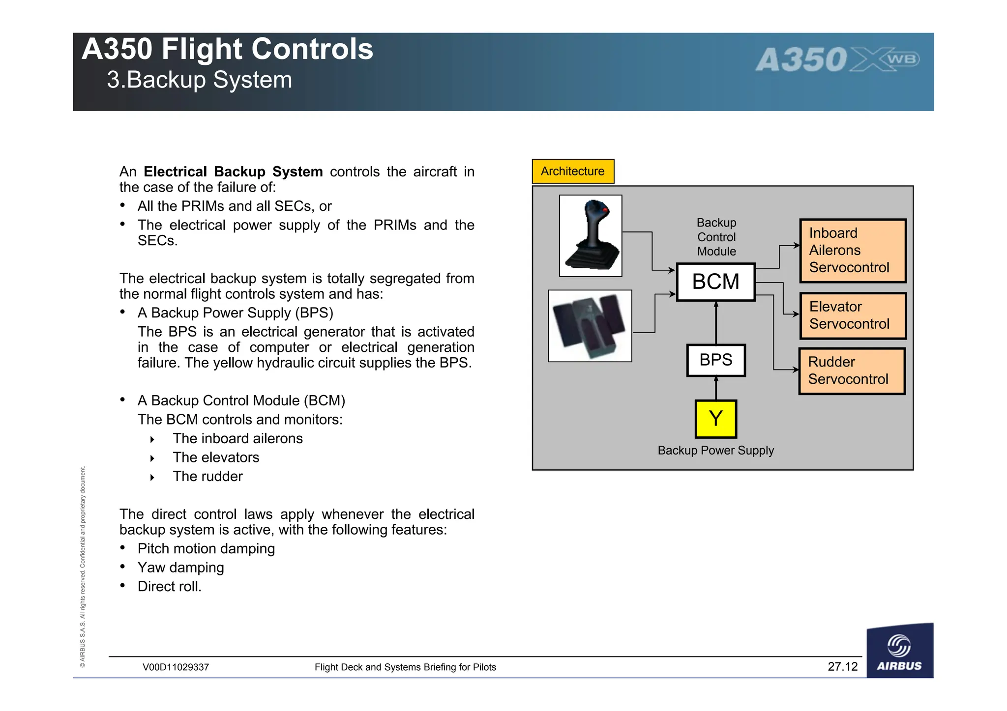 ©
AIRBUS
S.A.S.
All
rights
reserved.
Confidential
and
proprietary
document.
27.12
V00D11029337 Flight Deck and Systems Briefing for Pilots
A350 Flight Controls
3.Backup System
An Electrical Backup System controls the aircraft in
the case of the failure of:
• All the PRIMs and all SECs, or
• The electrical power supply of the PRIMs and the
SECs.
The electrical backup system is totally segregated from
the normal flight controls system and has:
• A Backup Power Supply (BPS)
The BPS is an electrical generator that is activated
in the case of computer or electrical generation
failure. The yellow hydraulic circuit supplies the BPS.
• A Backup Control Module (BCM)
The BCM controls and monitors:
 The inboard ailerons
 The elevators
 The rudder
The direct control laws apply whenever the electrical
backup system is active, with the following features:
• Pitch motion damping
• Yaw damping
• Direct roll.
BCM
Inboard
Ailerons
Servocontrol
Elevator
Servocontrol
Rudder
Servocontrol
Y
BPS
Backup
Control
Module
Backup Power Supply
Architecture
 