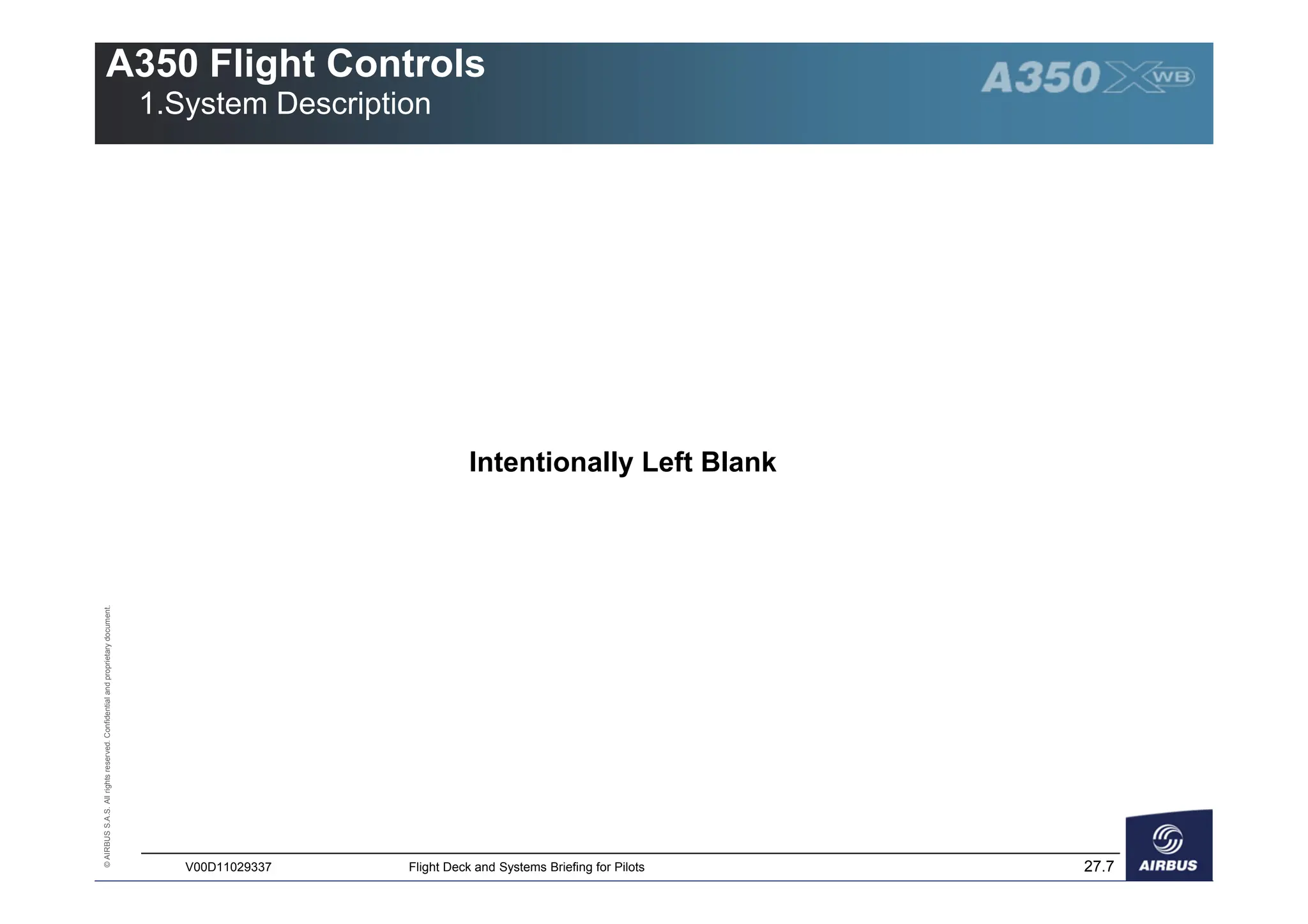 ©
AIRBUS
S.A.S.
All
rights
reserved.
Confidential
and
proprietary
document.
27.7
V00D11029337 Flight Deck and Systems Briefing for Pilots
A350 Flight Controls
1.System Description
Intentionally Left Blank
 