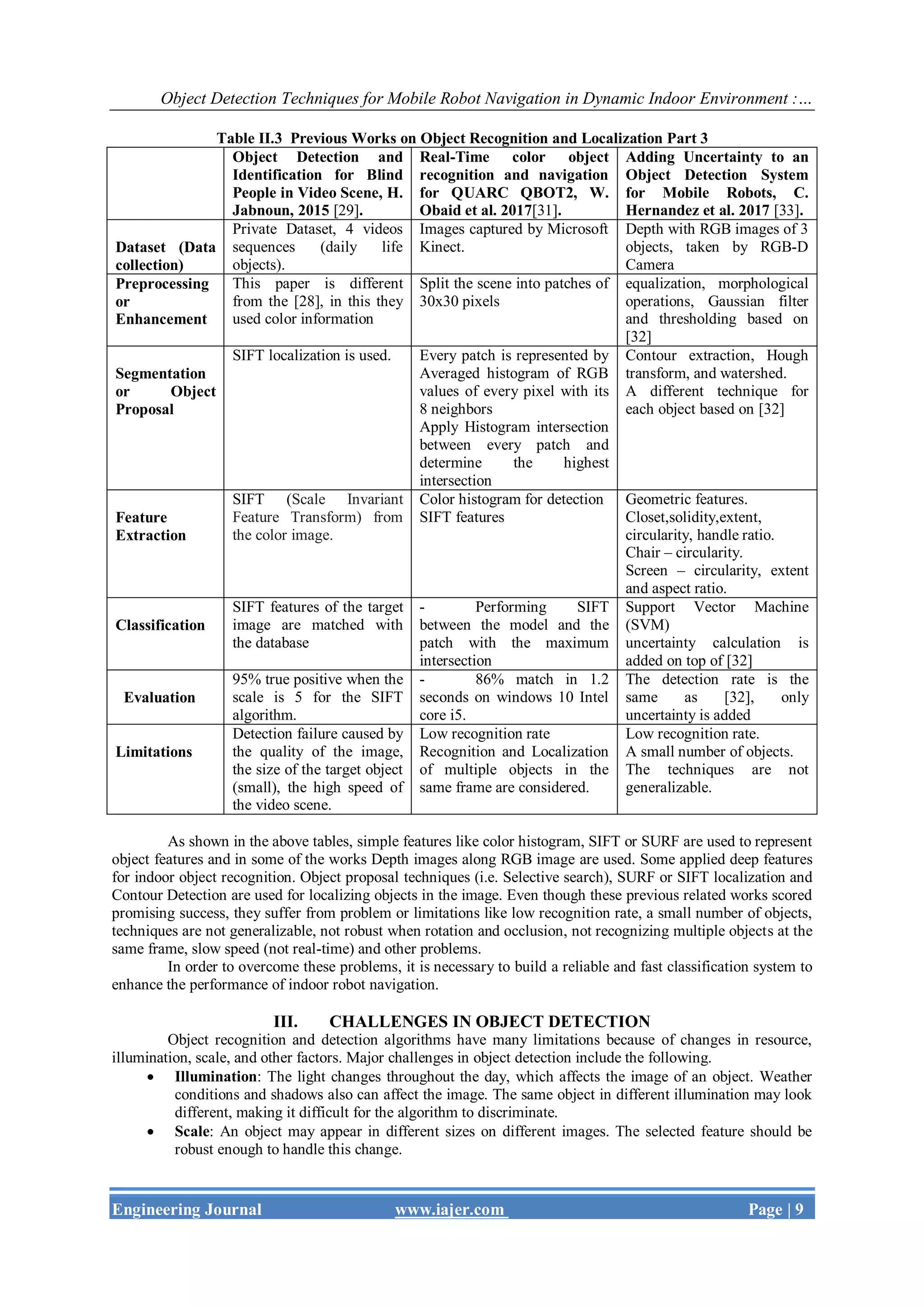 Object Detection Techniques for Mobile Robot Navigation in Dynamic Indoor Environment :…
Engineering Journal www.iajer.com Page | 9
Table II.3 Previous Works on Object Recognition and Localization Part 3
Object Detection and
Identification for Blind
People in Video Scene, H.
Jabnoun, 2015 [29].
Real-Time color object
recognition and navigation
for QUARC QBOT2, W.
Obaid et al. 2017[31].
Adding Uncertainty to an
Object Detection System
for Mobile Robots, C.
Hernandez et al. 2017 [33].
Dataset (Data
collection)
Private Dataset, 4 videos
sequences (daily life
objects).
Images captured by Microsoft
Kinect.
Depth with RGB images of 3
objects, taken by RGB-D
Camera
Preprocessing
or
Enhancement
This paper is different
from the [28], in this they
used color information
Split the scene into patches of
30x30 pixels
equalization, morphological
operations, Gaussian filter
and thresholding based on
[32]
Segmentation
or Object
Proposal
SIFT localization is used. Every patch is represented by
Averaged histogram of RGB
values of every pixel with its
8 neighbors
Apply Histogram intersection
between every patch and
determine the highest
intersection
Contour extraction, Hough
transform, and watershed.
A different technique for
each object based on [32]
Feature
Extraction
SIFT (Scale Invariant
Feature Transform) from
the color image.
Color histogram for detection
SIFT features
Geometric features.
Closet,solidity,extent,
circularity, handle ratio.
Chair – circularity.
Screen – circularity, extent
and aspect ratio.
Classification
SIFT features of the target
image are matched with
the database
- Performing SIFT
between the model and the
patch with the maximum
intersection
Support Vector Machine
(SVM)
uncertainty calculation is
added on top of [32]
Evaluation
95% true positive when the
scale is 5 for the SIFT
algorithm.
- 86% match in 1.2
seconds on windows 10 Intel
core i5.
The detection rate is the
same as [32], only
uncertainty is added
Limitations
Detection failure caused by
the quality of the image,
the size of the target object
(small), the high speed of
the video scene.
Low recognition rate
Recognition and Localization
of multiple objects in the
same frame are considered.
Low recognition rate.
A small number of objects.
The techniques are not
generalizable.
As shown in the above tables, simple features like color histogram, SIFT or SURF are used to represent
object features and in some of the works Depth images along RGB image are used. Some applied deep features
for indoor object recognition. Object proposal techniques (i.e. Selective search), SURF or SIFT localization and
Contour Detection are used for localizing objects in the image. Even though these previous related works scored
promising success, they suffer from problem or limitations like low recognition rate, a small number of objects,
techniques are not generalizable, not robust when rotation and occlusion, not recognizing multiple objects at the
same frame, slow speed (not real-time) and other problems.
In order to overcome these problems, it is necessary to build a reliable and fast classification system to
enhance the performance of indoor robot navigation.
III. CHALLENGES IN OBJECT DETECTION
Object recognition and detection algorithms have many limitations because of changes in resource,
illumination, scale, and other factors. Major challenges in object detection include the following.
 Illumination: The light changes throughout the day, which affects the image of an object. Weather
conditions and shadows also can affect the image. The same object in different illumination may look
different, making it difficult for the algorithm to discriminate.
 Scale: An object may appear in different sizes on different images. The selected feature should be
robust enough to handle this change.
 