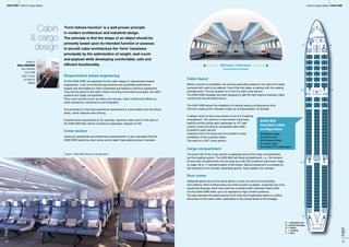 L
L L
G
G
C
G
A A
A A
L L L L
L
G
L
A A
A A
1
2 2
3 3
4 4
1
A = Attendant seat
C = Central stowage
G = Galley
L = Lavatory
= Door
21FAST
20FAST
Article by
Stefan HIESENER
Vice-President
A350 XWB
Cabin & Cargo
Architecture
AIRBUS
‘Form follows function’ is a well proven principle
in modern architecture and industrial design.
The principle is that the shape of an object should be
primarily based upon its intended function or purpose.
In aircraft cabin architecture the ‘form’ translates
principally by the optimization of weight, seat count
and payload while developing comfortable, safe and
efficient functionality.
Requirements based engineering
On the A350 XWB, the approach for the cabin design is ‘requirements based
engineering’. A set of functional requirements and quantified performance
targets was formulated by client companies and based on previous experience.
They are the basis for the cabin interior including monuments and seats, the cabin
systems and cargo compartment.
They cover concerns such as safety and security, cabin comfort and efficiency,
cabin operations, maintenance and integration.
One example of a top level operational requirement is commonality with the Airbus
family, which reduces crew training.
A performance requirement is, for example, maximum seat count. In the case of
the A350-900 there will be a maximum passenger capacity of 440.
Cross section
Using the operational and performance requirements, it was calculated that the
A350 XWB needs four door zones and at least three seating areas in between.
Cabin layout
Before a layout is completed, the revenue generating areas for the cabin and cargo
compartment need to be defined. One of the first steps is starting with the seating
arrangements. The key question is to find the right cross section.
The A350 XWB fuselage has been designed to get the right balance between cabin
comfort and aircraft performance.
The A350 XWB allows the installation of several seating configurations from
Premium seating with 4-abreast suites up to (theoretically) 10-abreast.
A design driver for the cross section is the 3-3-3 seating
arrangement. This optimum cross section maximizes
seating comfort giving each passenger an 18” seat
cushion while providing an acceptable aisle width
to perform cabin service.
Clearance from the lining had to be added to ease
installation of the outboard seats.
The result is a 220” cross section.
Cargo compartment
The lower half of the cross section is designed around the cargo compartments
and the loading system. The A350-900 has three compartments, i.e.: the forward,
aft and bulk compartments and can load up to 36 LD3 containers (see lower image
on page 18) or 11 standard pallets of 96 inches. Special equipment is available for
the transport of live animals, perishable goods, heavy pallets and vehicles.
Door zones
Adequate space around the doors allows a quick turn-around for boarding
and catering. Most of these areas are at the junction of galleys, lavatories and crew
equipment stowage. Each door area has a double Cabin Attendant Seat (CAS)
and the A350 XWB offers up to 22 standard or high comfort positions.
The area between the assist spaces of the exits and longitudinal aisles is a critical
dimension for the cabin width, particularly in the conical areas of the fuselage.
Cabin
& cargo
design
Figure 1: A350 XWB reference 9-abreast layout
A350 XWB Cabin & cargo design A350 XWBCabin & cargo design
220 inches / 5.59 metres
(from armrest to armrest)
A350-900
standard cabin
configuration
48 Business Class
(6-abreast seats)
267 Economy Class
(9-abreast seats)
for a total of 315 passengers
 