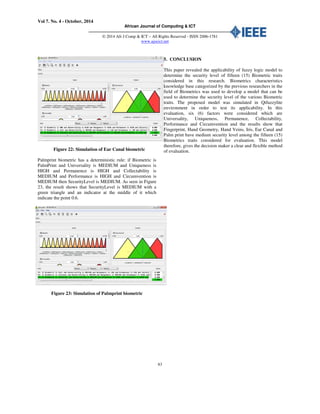 Vol 7. No. 4 - October, 2014
African Journal of Computing & ICT
© 2014 Afr J Comp & ICT – All Rights Reserved - ISSN 2006-1781
www.ajocict.net
83
Figure 22: Simulation of Ear Canal biometric
Palmprint biometric has a deterministic rule: if Biometric is
PalmPrint and Universality is MEDIUM and Uniqueness is
HIGH and Permanence is HIGH and Collectability is
MEDIUM and Performance is HIGH and Circumvention is
MEDIUM then SecurityLevel is MEDIUM. As seen in Figure
23, the result shows that SecurityLevel is MEDIUM with a
green triangle and an indicator at the middle of it which
indicate the point 0.6.
Figure 23: Simulation of Palmprint biometric
5. CONCLUSION
This paper revealed the applicability of fuzzy logic model to
determine the security level of fifteen (15) Biometric traits
considered in this research. Biometrics characteristics
knowledge base categorized by the previous researchers in the
field of Biometrics was used to develop a model that can be
used to determine the security level of the various Biometric
traits. The proposed model was simulated in Qtfuzzylite
environment in order to test its applicability. In this
evaluation, six (6) factors were considered which are
Universality, Uniqueness, Permanence, Collectability,
Performance and Circumvention and the results show that
Fingerprint, Hand Geometry, Hand Veins, Iris, Ear Canal and
Palm print have medium security level among the fifteen (15)
Biometrics traits considered for evaluation. This model
therefore, gives the decision maker a clear and flexible method
of evaluation.
 