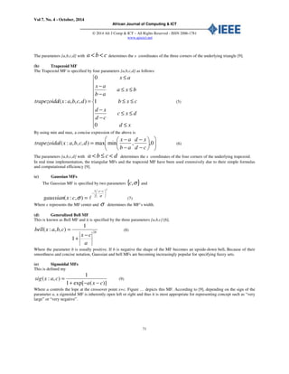 Vol 7. No. 4 - October, 2014
African Journal of Computing & ICT
© 2014 Afr J Comp & ICT – All Rights Reserved - ISSN 2006-1781
www.ajocict.net
71
The parameters {a,b,c,d} with cba << determines the x coordinates of the three corners of the underlying triangle [9].
(b) Trapezoid MF
The Trapezoid MF is specified by four parameters {a,b,c,d} as follows:











≤
≤≤
−
−
≤≤
≤≤
−
−
≤
=
xd
dxc
cd
xd
cxb
bxa
ab
ax
ax
dcbaxltrapezoida
0
1
0
),,,:( (5)
By using min and max, a concise expression of the above is












−
−
−
−
= 0,,minmax),,,:(
cd
xd
ab
ax
dcbaxltrapezoida (6)
The parameters {a,b,c,d} with dcba <≤< determines the x coordinates of the four corners of the underlying trapezoid.
In real time implementation, the triangular MFs and the trapezoid MF have been used extensively due to their simple formulas
and computational efficiency [9].
(c) Gaussian MFs
The Gaussian MF is specified by two parameters { }σ,c and
2
2
1
),:(





 −
−
= σ
σ
cx
cxgaussian l (7)
Where c represents the MF center and σ determines the MF’s width.
(d) Generalized Bell MF
This is known as Bell MF and it is specified by the three parameters {a,b,c} [6].
b
a
cx
cbaxbell 2
1
1
),,:(
−
+
= (8)
Where the parameter b is usually positive. If b is negative the shape of the MF becomes an upside-down bell. Because of their
smoothness and concise notation, Gaussian and bell MFs are becoming increasingly popular for specifying fuzzy sets.
(e) Sigmoidal MFs
This is defined my
)](exp[1
1
),:(
cxa
caxsig
−−+
= (9)
Where a controls the lope at the crossover point x=c. Figure … depicts this MF. According to [9], depending on the sign of the
parameter a, a sigmoidal MF is inherently open left or right and thus it is most appropriate for representing concept such as “very
large” or “very negative”.
 