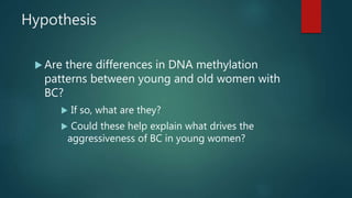 Hypothesis
 Are there differences in DNA methylation
patterns between young and old women with
BC?
 If so, what are they?
 Could these help explain what drives the
aggressiveness of BC in young women?
 