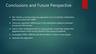 Conclusions and Future Perspective
 We utilized a machine learning approach to try to identify methylation
sites associated with YWBC.
 There are significant differences in the methylation patterns between
young and old women.
 Some of the methylated sites in young women could help explain the
aggressiveness of the tumors found in this group of patients.
 Investigate ITPR3, ARID3A and all the other 13 sites in more depth.
 Optimize the algorithm.
 