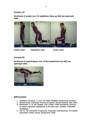 8
Άσκηση 19
Εκτέλεση: 2 σειρές των 12 προβολών πίσω με δεξί και αριστερό
πόδι.
ΑΡΧΙΚΗ ΘΕΣΗ ΕΝΔΙΑΜΕΣΗ ΘΕΣΗ ΤΕΛΙΚΗ ΘΕΣΗ
Άσκηση 20
Εκτέλεση: 4 επαναλήψεις των 15 δευτερολέπτων με δεξί και
αριστερό πόδι.
Βιβλιογραφία
1. Fusssball Training.6, 7., Juni, Juli 2009. Philippka Sportverlag. Germany.
2. Michael Boyle. Functional Training for Sports. Human Kinetics. USA. 2004.
3. Richardson, C., G. Jull, Hodges, and J. Hides. 1999. Therapeutic exercise
for spinal segmental stabilization in low back pain. London: Churchill
Livingston.
4. The 11. The Prevention Programme. Federation Internationale de Football
Association (FIFA). Zurich, Switzerland. 2004
 