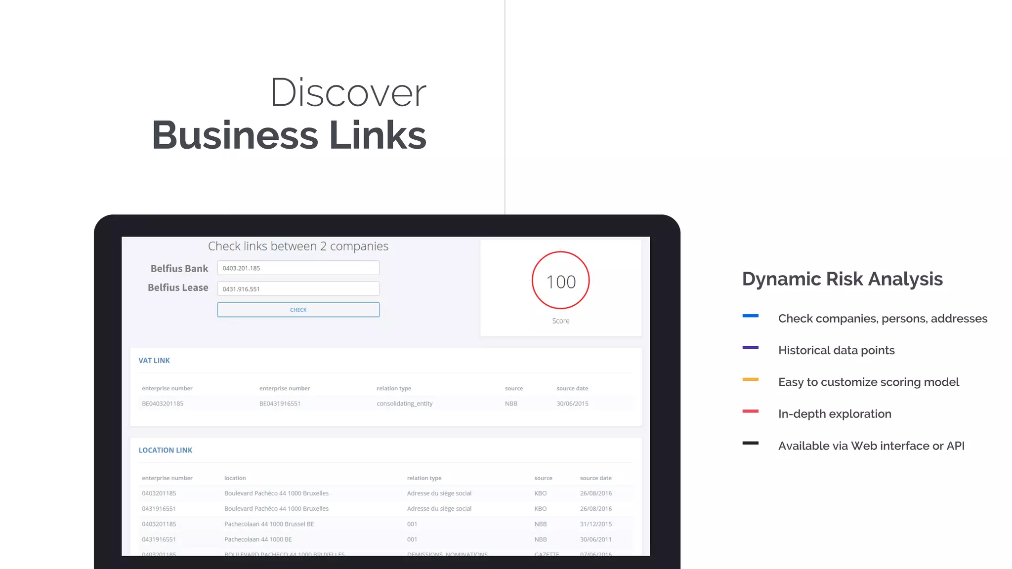Discover
Business Links
Check companies, persons, addresses
Historical data points
Easy to customize scoring model
In-depth exploration
Available via Web interface or API
Dynamic Risk Analysis
Belfius Bank
Belfius Lease