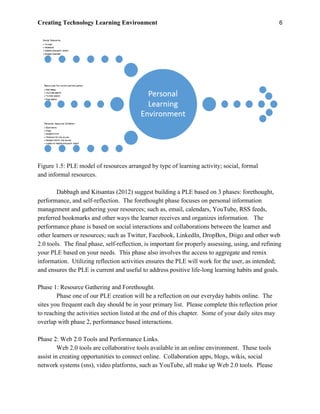 Creating Technology Learning Environment 6
Figure 1.5: PLE model of resources arranged by type of learning activity; social, formal
and informal resources.
Dabbagh and Kitsantas (2012) suggest building a PLE based on 3 phases: forethought,
performance, and self-reflection. The forethought phase focuses on personal information
management and gathering your resources; such as, email, calendars, YouTube, RSS feeds,
preferred bookmarks and other ways the learner receives and organizes information. The
performance phase is based on social interactions and collaborations between the learner and
other learners or resources; such as Twitter, Facebook, LinkedIn, DropBox, Diigo and other web
2.0 tools. The final phase, self-reflection, is important for properly assessing, using, and refining
your PLE based on your needs. This phase also involves the access to aggregate and remix
information. Utilizing reflection activities ensures the PLE will work for the user, as intended;
and ensures the PLE is current and useful to address positive life-long learning habits and goals.
Phase 1: Resource Gathering and Forethought.
Phase one of our PLE creation will be a reflection on our everyday habits online. The
sites you frequent each day should be in your primary list. Please complete this reflection prior
to reaching the activities section listed at the end of this chapter. Some of your daily sites may
overlap with phase 2, performance based interactions.
Phase 2: Web 2.0 Tools and Performance Links.
Web 2.0 tools are collaborative tools available in an online environment. These tools
assist in creating opportunities to connect online. Collaboration apps, blogs, wikis, social
network systems (sns), video platforms, such as YouTube, all make up Web 2.0 tools. Please
 