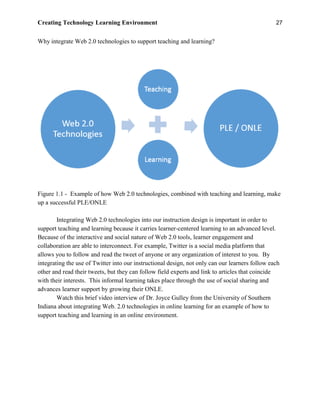 Creating Technology Learning Environment 27
Why integrate Web 2.0 technologies to support teaching and learning?
Figure 1.1 - Example of how Web 2.0 technologies, combined with teaching and learning, make
up a successful PLE/ONLE
Integrating Web 2.0 technologies into our instruction design is important in order to
support teaching and learning because it carries learner-centered learning to an advanced level.
Because of the interactive and social nature of Web 2.0 tools, learner engagement and
collaboration are able to interconnect. For example, Twitter is a social media platform that
allows you to follow and read the tweet of anyone or any organization of interest to you. By
integrating the use of Twitter into our instructional design, not only can our learners follow each
other and read their tweets, but they can follow field experts and link to articles that coincide
with their interests. This informal learning takes place through the use of social sharing and
advances learner support by growing their ONLE.
Watch this brief video interview of Dr. Joyce Gulley from the University of Southern
Indiana about integrating Web. 2.0 technologies in online learning for an example of how to
support teaching and learning in an online environment.
 