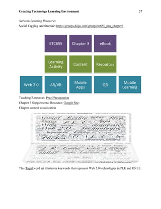 Creating Technology Learning Environment 37
Network Learning Resources
Social Tagging Architecture: https://groups.diigo.com/group/etc655_nau_chapter3
Teaching Resources: Prezi Presentation
Chapter 3 Supplemental Resource: Google Site:
Chapter content visualization
This Tagul word art illustrates keywords that represent Web 2.0 technologies in PLE and ONLE.
 