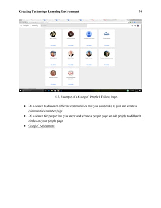 Creating Technology Learning Environment 74
5.7. Example of a Google+
People I Follow Page.
● Do a search to discover different communities that you would like to join and create a
communities member page
● Do a search for people that you know and create a people page, or add people to different
circles on your people page
● Google+
Assessment
 