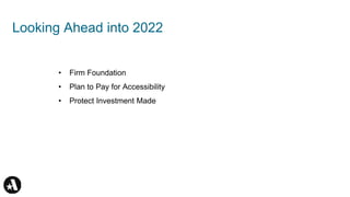 Looking Ahead into 2022
• Firm Foundation
• Plan to Pay for Accessibility
• Protect Investment Made
 