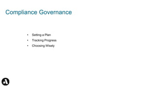 Compliance Governance
• Setting a Plan
• Tracking Progress
• Choosing Wisely
 