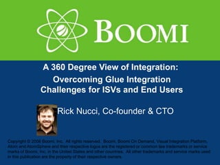 A 360 Degree View of Integration:
                   Overcoming Glue Integration
                 Challenges for ISVs and End Users

                         Rick Nucci, Co-founder & CTO


Copyright © 2006 Boomi, Inc. All rights reserved. Boomi, Boomi On Demand, Visual Integration Platform,
Atom and AtomSphere and their respective logos are the registered or common law trademarks or service
marks of Boomi, Inc. in the United States and other countries. All other trademarks and service marks used
in this publication are the property of their respective owners.
 