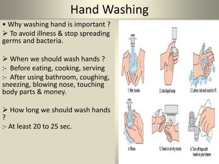 Hand Washing
• Why washing hand is important ?
 To avoid illness & stop spreading
germs and bacteria.
 When we should wash hands ?
:- Before eating, cooking, serving
:- After using bathroom, coughing,
sneezing, blowing nose, touching
body parts & money.
 How long we should wash hands
?
:- At least 20 to 25 sec.
 