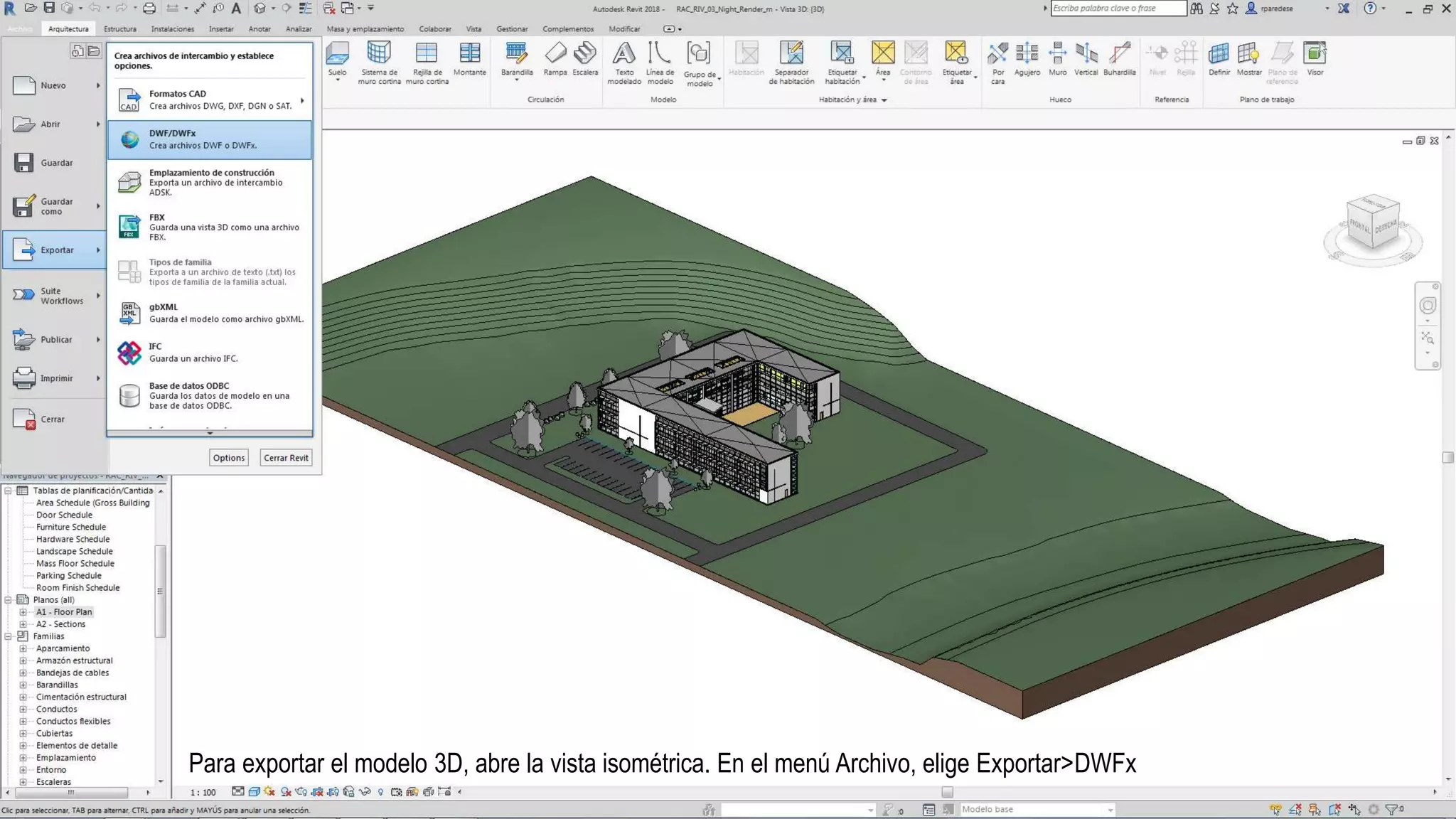 Para exportar el modelo 3D, abre la vista isométrica. En el menú Archivo, elige Exportar>DWFx
 