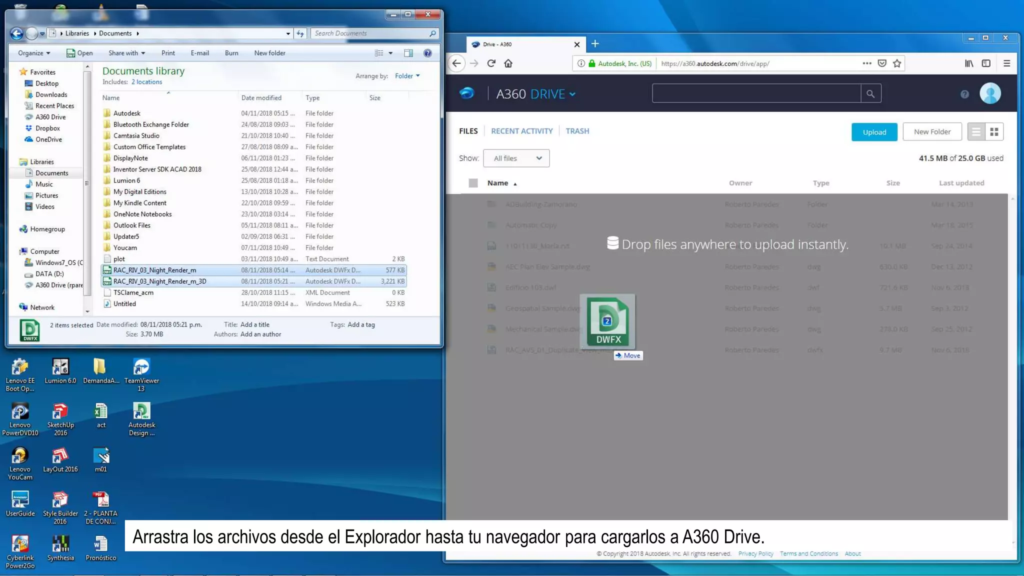 Arrastra los archivos desde el Explorador hasta tu navegador para cargarlos a A360 Drive.
 