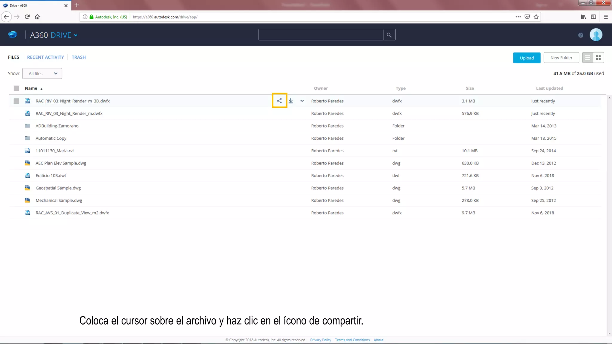 Coloca el cursor sobre el archivo y haz clic en el ícono de compartir.
 