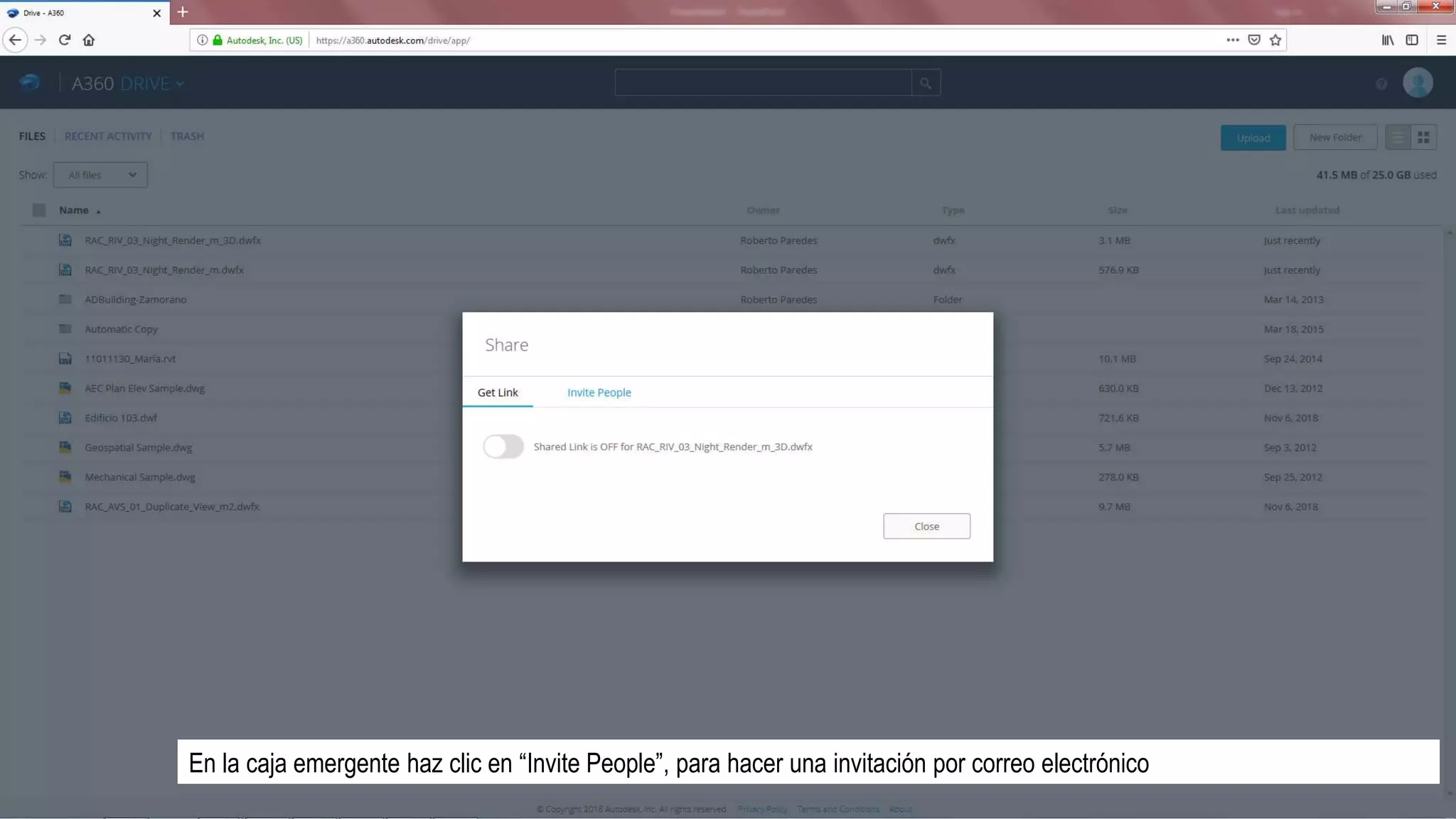 En la caja emergente haz clic en “Invite People”, para hacer una invitación por correo electrónico
 
