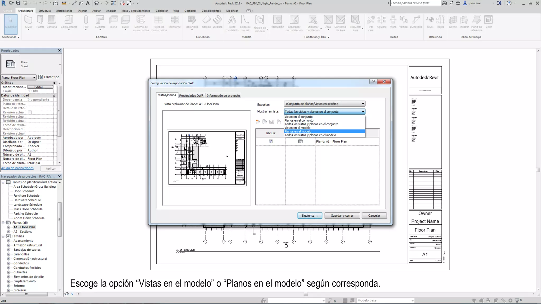 Escoge la opción “Vistas en el modelo” o “Planos en el modelo” según corresponda.
 