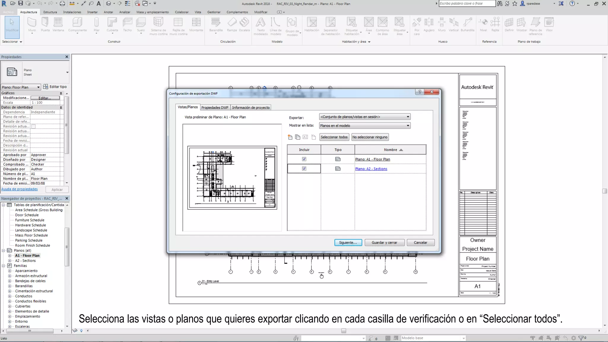 Selecciona las vistas o planos que quieres exportar clicando en cada casilla de verificación o en “Seleccionar todos”.
 