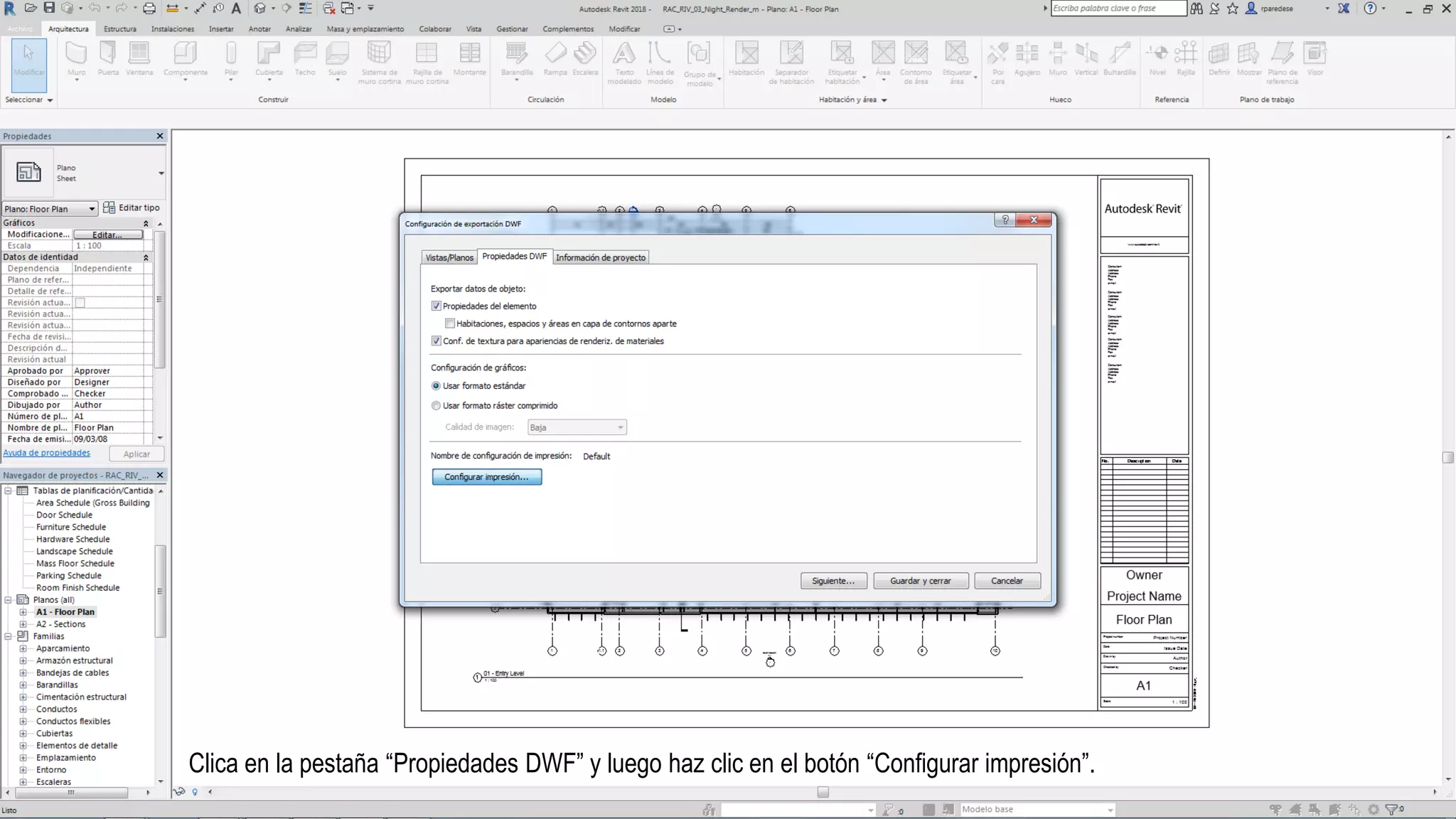 Clica en la pestaña “Propiedades DWF” y luego haz clic en el botón “Configurar impresión”.
 