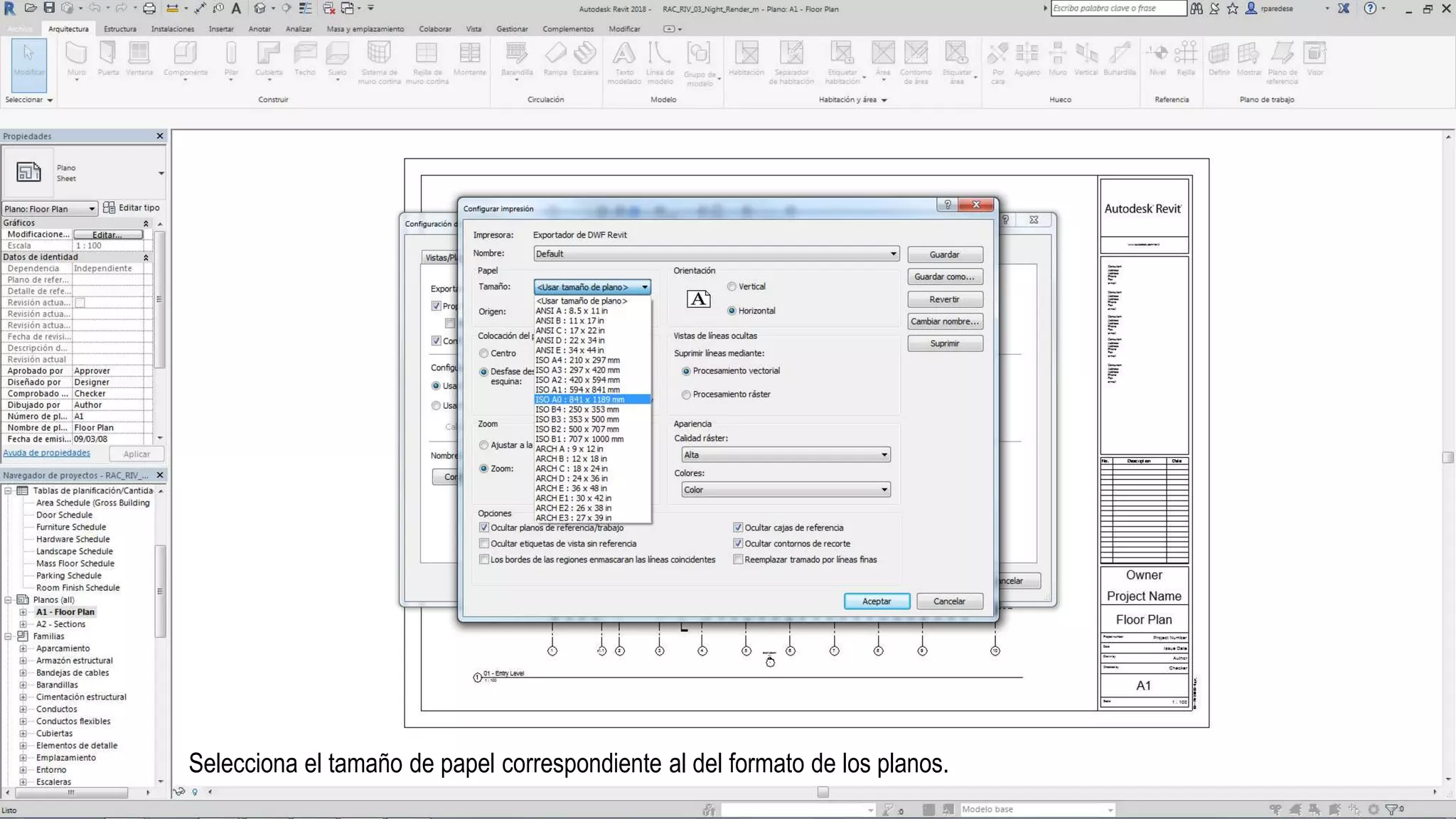 Selecciona el tamaño de papel correspondiente al del formato de los planos.
 