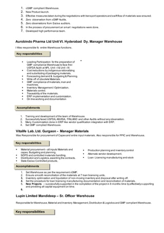 1. cGMP compliant Warehouse.
2. New Product launch.
3. Effective measures taken during the negotiations with transportoperators and swiftflow of materials was ensured.
4. Zero observation from cGMP Audits.
5. Zero observations from Excise auditors.
6. In the process of procurement an smart negotiations were done.
7. Developed high performance team.
Aurobindo Pharma Ltd Unit VI. Hyderabad Dy. Manager Warehouse
I Was responsible fo entire Warehouse functions.
 Leading Participation for the preparation of
GMP compliance Warehouse to face first
USFDA Audit at APL Unit –I & Unit –VI.
 Costreductions by indigenous rationalizing
and substituting ofpackaging materials.
 Forecasting demand & budgeting & Planning.
 Write off of obsolete Materials.
 GMP compliance ofmaterials,man and
machines.
 Inventory Management / Optimization.
 Materials control.
 Traceability of the materials.
 ERP implementation and customization.
 On line working and documentation

1. Training and development of the team of Warehouse.
2. Successfully faced USFDA, ANVISA, FINLAND and other Audits without any observation.
3. Many Customization done in ERP like vendor qualification integration with ERP.
4. Set GMP complied Warehouse.
Vitalife Lab. Ltd. Gurgaon - Manager Materials
Was Responsible for procurement of Capex and entire input materials. Also responsible for PPIC and Warehouse.
 Material procurement – all inputs Materials and
capex. Budgeting and planning.
 NDPS and controlled materials handling.
 Distribution and Logistics,awarding the contracts.
 State Excise Controlled products.


 Production planning and inventory control
 Alternate vendor development.
 Loan Licensing manufacturing and stock
1. Set Warehouse as per the requirement cGMP.
2. Ensure smooth reconciliation of the materials at 7 loan licensing units.
3. Inventory optimization and liquidation of non-moving inventory and disposal after writing off.
4. Set the procedure for loan licensing manufacturing documentation and reconciliation of materials.
5. New Projects – successfully supported in the completion of the project in 8 months time by effectively s upporting
and providing all capital equipment on time.
6.
Lupin Limited Mandideep – Sr. Officer Warehouse
Responsible for Warehouse,Material and Inventory Management,Distribution & Logistics and GMP compliant Warehouse.
Key responsibilities
Accomplishments
Key responsibilities
Key responsibilities
Accomplishments
 