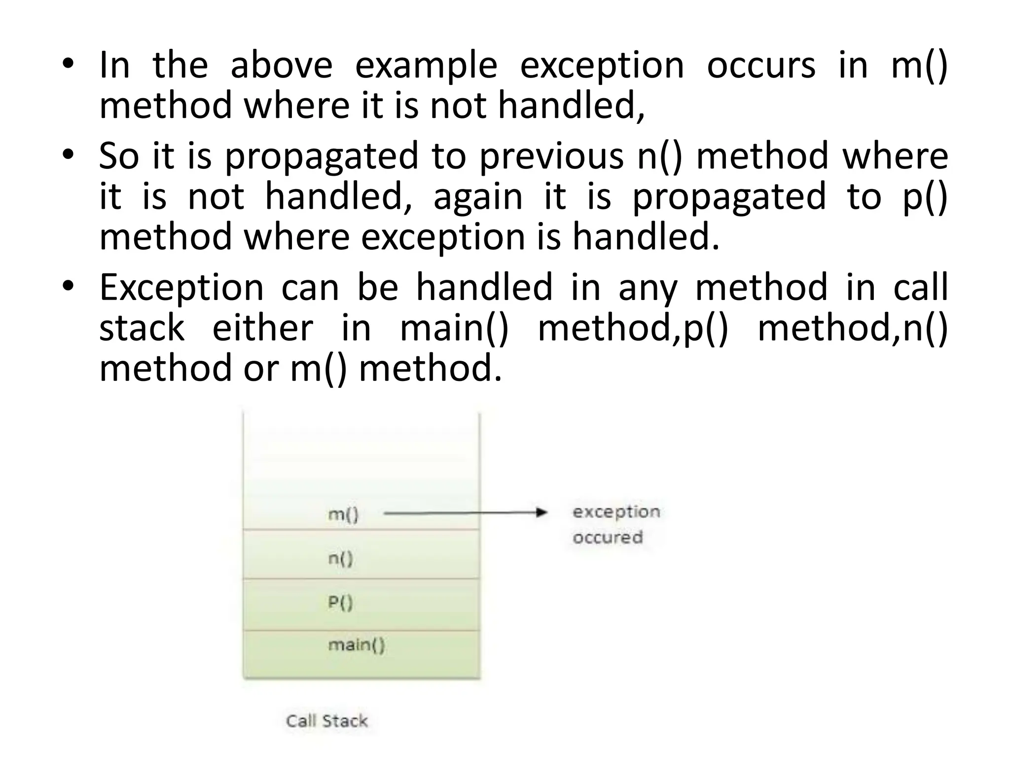 • In the above example exception occurs in m()
method where it is not handled,
• So it is propagated to previous n() method where
it is not handled, again it is propagated to p()
method where exception is handled.
• Exception can be handled in any method in call
stack either in main() method,p() method,n()
method or m() method.
 