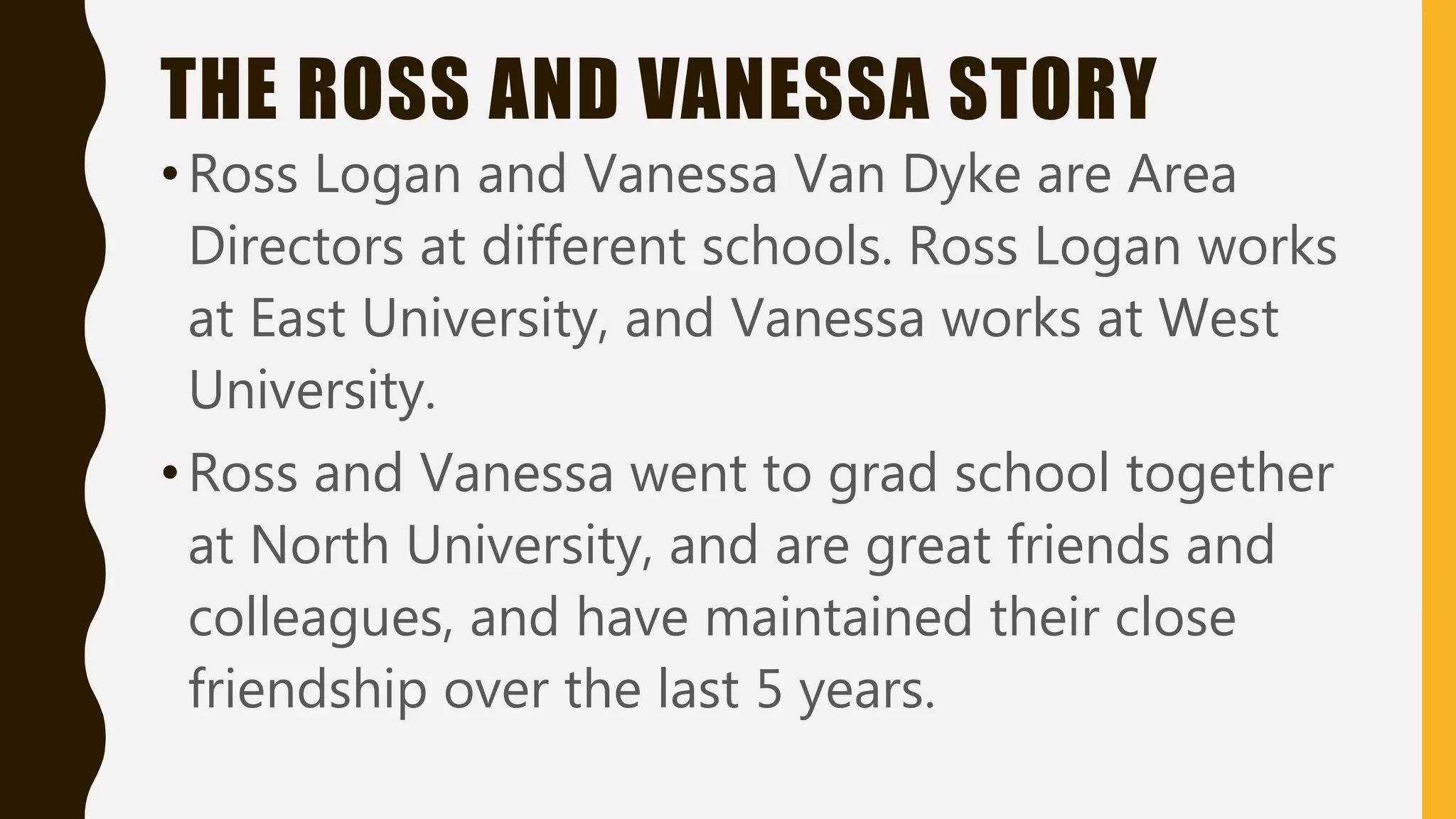 THE ROSS AND VANESSA STORY
•Ross Logan and Vanessa Van Dyke are Area
Directors at different schools. Ross Logan works
at East University, and Vanessa works at West
University.
•Ross and Vanessa went to grad school together
at North University, and are great friends and
colleagues, and have maintained their close
friendship over the last 5 years.
 