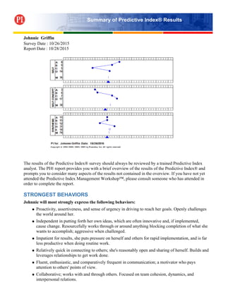 Summary of Predictive Index® Results
Johnnie Griffin
Survey Date : 10/26/2015
Report Date : 10/28/2015
The results of the Predictive Index® survey should always be reviewed by a trained Predictive Index
analyst. The PI® report provides you with a brief overview of the results of the Predictive Index® and
prompts you to consider many aspects of the results not contained in the overview. If you have not yet
attended the Predictive Index Management Workshop™, please consult someone who has attended in
order to complete the report.
STRONGEST BEHAVIORS
Johnnie will most strongly express the following behaviors:
Proactivity, assertiveness, and sense of urgency in driving to reach her goals. Openly challenges
the world around her.
Independent in putting forth her own ideas, which are often innovative and, if implemented,
cause change. Resourcefully works through or around anything blocking completion of what she
wants to accomplish; aggressive when challenged.
Impatient for results, she puts pressure on herself and others for rapid implementation, and is far
less productive when doing routine work.
Relatively quick in connecting to others; she's reasonably open and sharing of herself. Builds and
leverages relationships to get work done.
Fluent, enthusiastic, and comparatively frequent in communication; a motivator who pays
attention to others' points of view.
Collaborative; works with and through others. Focused on team cohesion, dynamics, and
interpersonal relations.
 