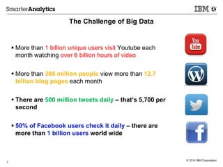 © 2014 IBM Corporation
The Challenge of Big Data
 More than 1 billion unique users visit Youtube each
month watching over 6 billion hours of video
 More than 388 million people view more than 12.7
billion blog pages each month
 There are 500 million tweets daily – that’s 5,700 per
second
 50% of Facebook users check it daily – there are
more than 1 billion users world wide
3
 