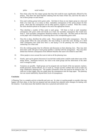 police social workers
5. Have them select the four impact groups that they feel would be most significantly affected by this
project. They draw four short branches radiating from the trunk of their tree, and write the name of
one of these groups on each branch.
6. Give each working group twelve green cards. Ask them to focus on one impact group at a time and
think of at least one, or as many as three. immediate consequences of the action project for that
group. Stress that the consequences can be either positive, negative or neutral. When this is done,
the cards should be placed on the paper at the end of the appropriate branch.
7. Then distribute a number of blue cards to each group. Tell them to look at each immediate
consequence (the green cards) and decide on at least one secondary consequence that would arise
from it. Each secondary consequence should be written on a blue card. The blue cards are then laid
on the paper with a branching line connecting them to the corresponding green cards.
8. Once this is done, distribute the yellow cards. These represent third order consequences. Have the
young people follow the same procedure, this time looking at each blue card, deciding on a third
order consequence that could arise from it, and laying it on the planning tree with a branching
connecting it to a blue card.
9. Give the working groups time for reflection and discussion on their planning trees. They may stick
down their cards with glue if each group member is satisfied with the arrangement. They may draw
dotted lines between consequences from different branches that seem to be related to each other.
10. Allow people to move around the room to look at all the planning trees.
11. Finally, open up for general discussion if you feel that useful points could be made about some of the
things shown. Sometimes however, the work in the small groups and the observation of the other
trees is enough by itself.
12. Variations are possible. Small groups can be assigned only one branch of the tree (parents, teachers,
health personnel, elected officials, etc.) to work on. Groups can then combine their work to make one
large collaborative planning tree. The number of branches of the tree need not be limited to four. If
cards are in short supply, they can simply draw the consequences onto the large paper. The planning
tree can extend indefinitely, beyond three levels of consequences.
Conclusion
A Planning Tree is a complex activity to describe and carry out. Its value is in getting people to consider what may
happen with their plans, so that they are prepared and may already have planned some strategies for dealing with
the situation. It can help ensure that idealistic ideas have a practical and realistic root.
Social games for trainings 52 AIESEC Timisoara
 